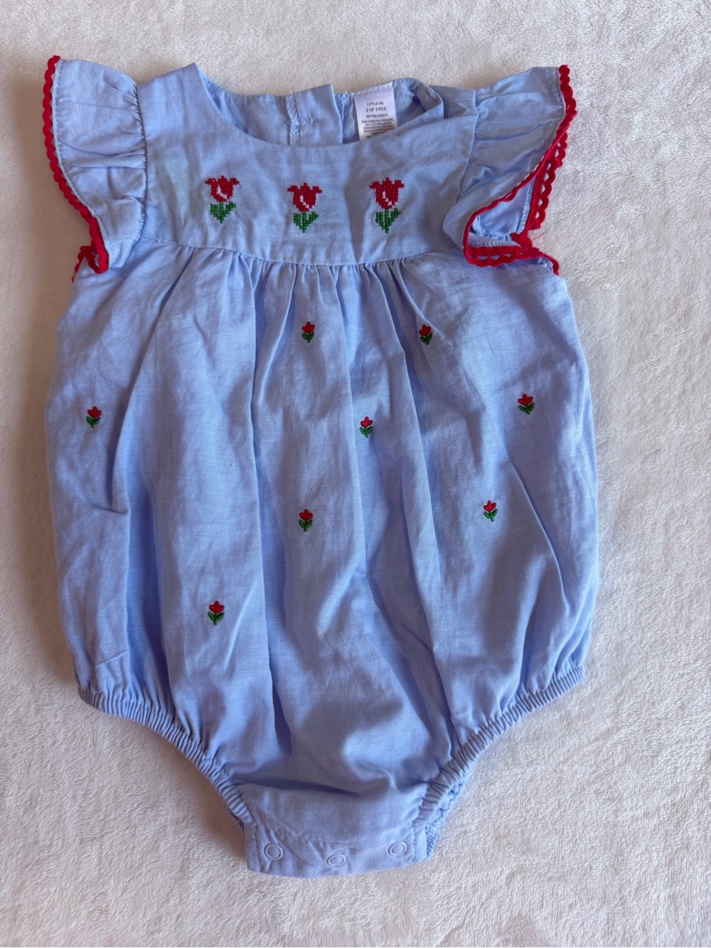 Little Me Light Blue Tulip Embroidered Bubble Romper with Red Trim